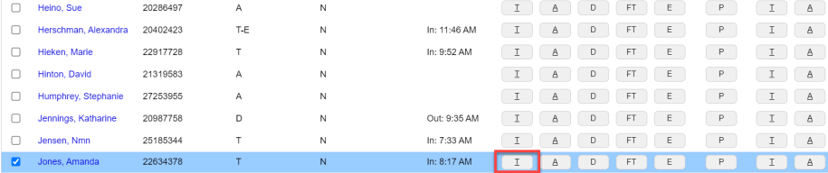 Student record select with Quick Change attendance code highlighted