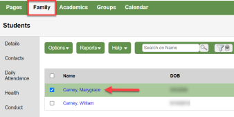 Family tab and student selected
