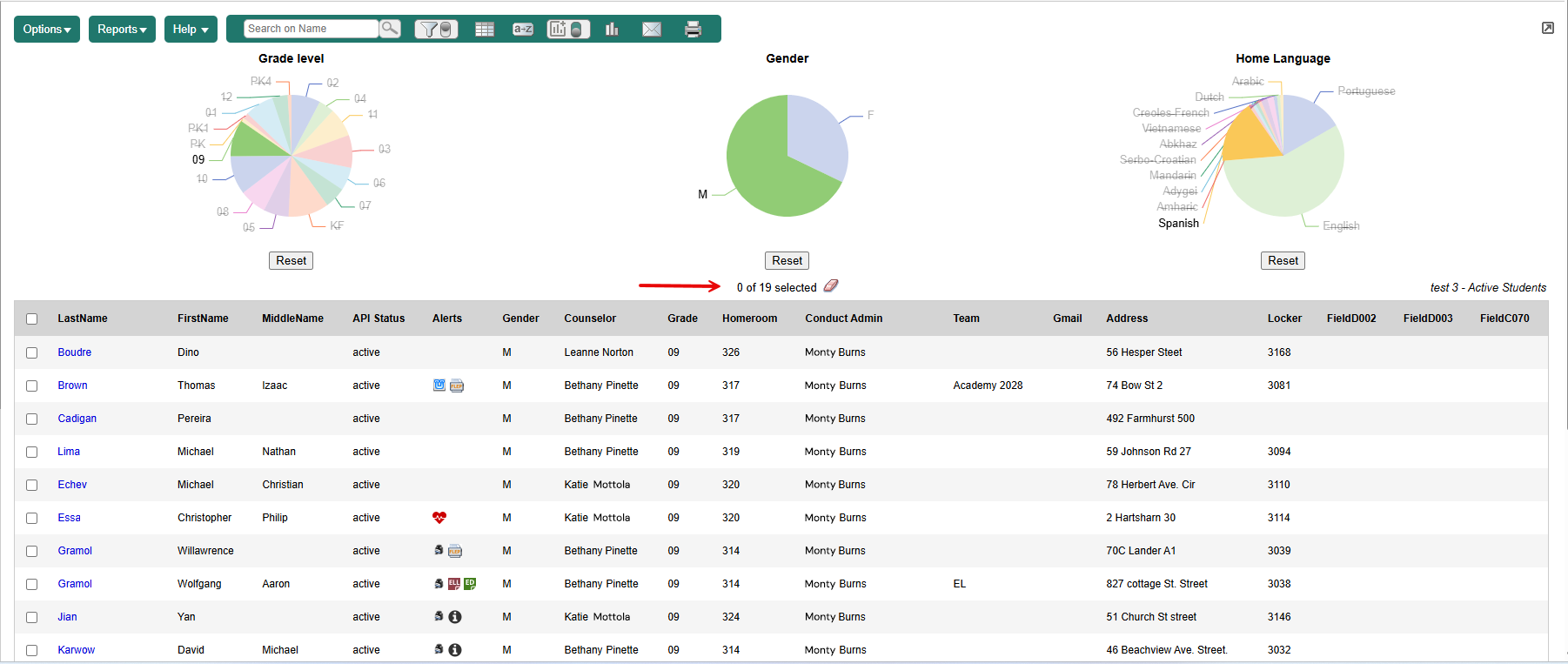 Student List page showing 19 records of students who met all 3 criteria